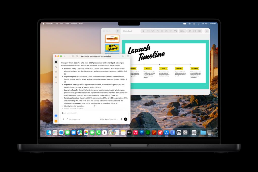 MacBook Pro showing a pitch deck in Keynote with an AI summary from the new intelligent assistant