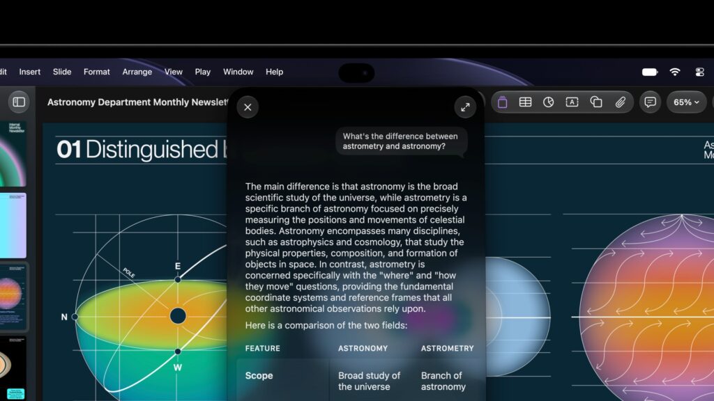 The Dynamic Island on the new MacBook Pro with PROLED XDR Display showing Siri AI above a Keynote presentation