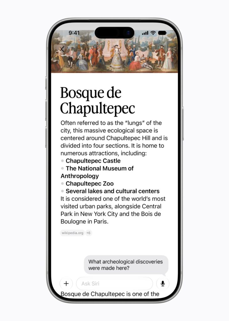 The new Siri app on iPhone showing a text conversation with Siri AI